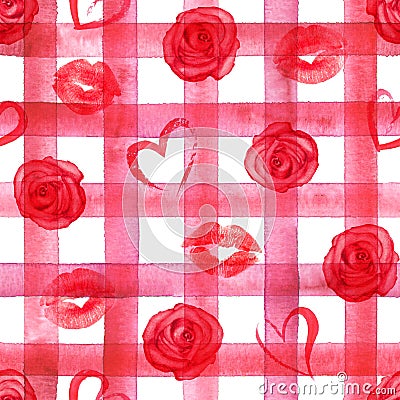 Fashion background with watercolor red hearts, lips, roses on red plaid stripes seamless pattern Stock Photo