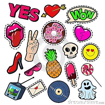 Fashion Badges, Patches, Stickers set with Girls Elements - Lips, Heart, Sweets, Speech Bubble in Pop Art Comic Style Vector Illustration