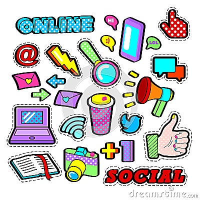 Fashion Badges, Patches, Stickers set with Social Network Elements - Laptop, Megaphone in Pop Art Comic Style Vector Illustration