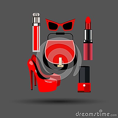 Fashion bag sunglasses illustration lipstick nail polish glitter Cartoon Illustration