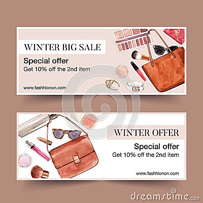 Fashion banner design with bags, cosmetics watercolor illustration Cartoon Illustration