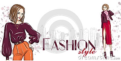 Fashion banner with two stylish women template Vector Illustration