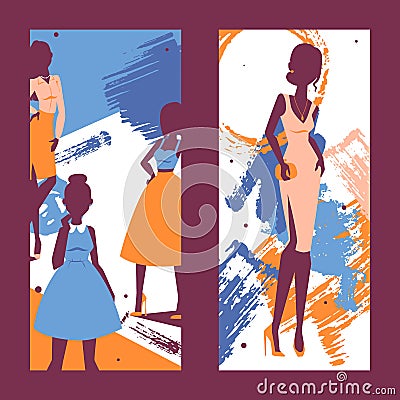 Fashion banner vector illustration. Silhouettes of beautiful models on abstract brush strokes background, young woman Vector Illustration