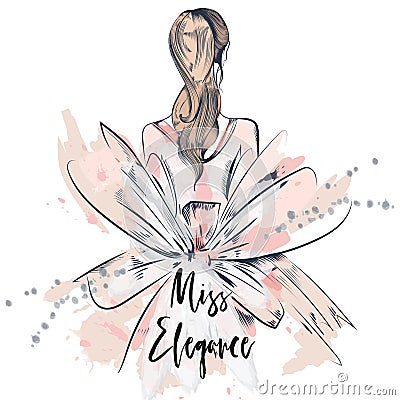 Fashion beautiful vector illustration girl in pink dress, miss e Cartoon Illustration