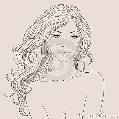 Fashion beautiful woman with long wavy hair Vector Vector Illustration