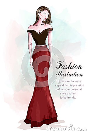 Fashion beautiful woman in romantic evening dress. Sketch. Girl in fashion clothes: red skirt and black crop top. Vector Illustration