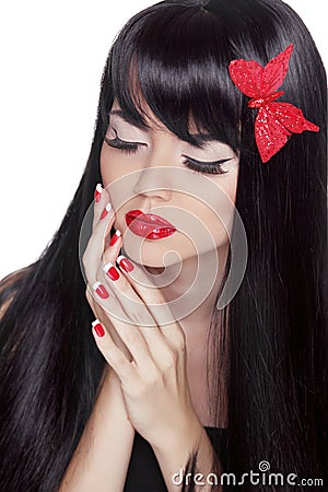 Fashion Beauty Girl. Gorgeous Woman Portrait. Long black hair an Stock Photo