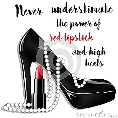 fashion and beauty illustration - black stiletto shoe with pearls and lipstick Cartoon Illustration