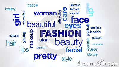 Fashion beauty makeup beautiful attractive pretty typography word cloud animation. Stock Photo