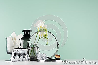 Fashion black cosmetics accessories in green mint menthe bathroom interior - mirror, cosmetics bag, white spring flowers, brush. Stock Photo