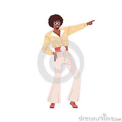 Fashion black man dancing at 80s retro discotheque. African dancer at 1980s disco party. Funky character in eighties Vector Illustration