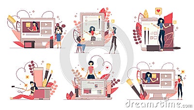 Fashion Blog and Beauty Vlog in Social Media Set Vector Illustration