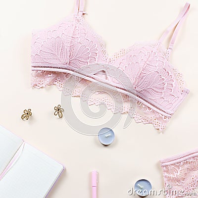 Woman elegant pink lace bra and panties, pumps and jewelry. Stylish lingerie flat lay. Stock Photo