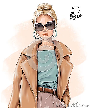 Fashion blond hair woman. Beautiful girl in sunglasses. Stylish girl in coat. Fashion look. Cartoon Illustration