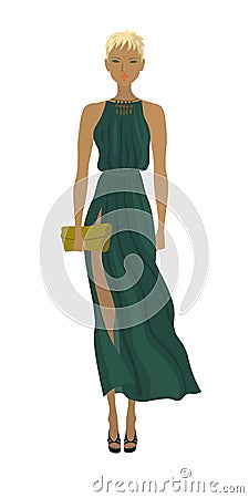 Fashion blond model in the trendy long dress. Vector Illustration