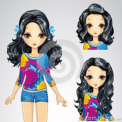 Fashion Brunette Girl And Collection Of Hairstyles Vector Illustration