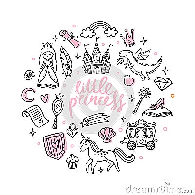 Fashion cartoon magic objects. Cute fairy tale princess, castle, dragon, unicorn and other elements. Vector Illustration