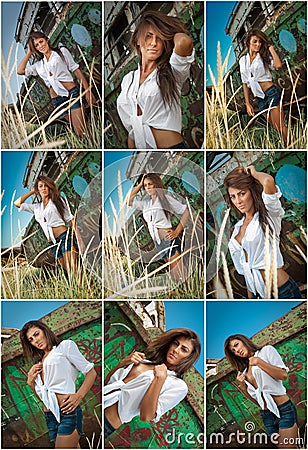 Fashion caucasian model posing outdoor in front of an old boat. brunette with white shirt and denim shorts Stock Photo