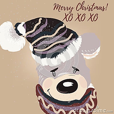 Fashion Christmas illustration with bear. Cartoon Illustration