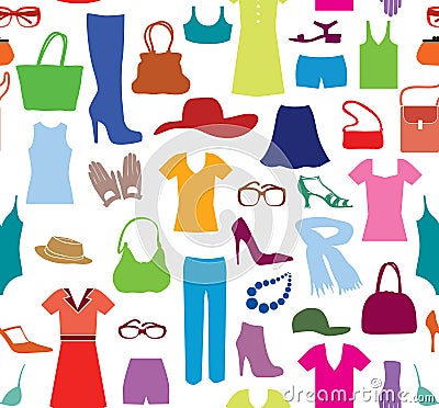 Fashion cloth seamless pattern. Women clothes and accessories. R Stock Photo