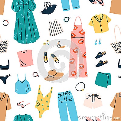 Fashion clothes and accessories pattern. Seamless repeating background with womans summer trendy garments. Female modern Vector Illustration