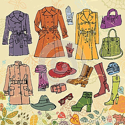 Fashion clothes set.Autumn woman wear, leaves Vector Illustration