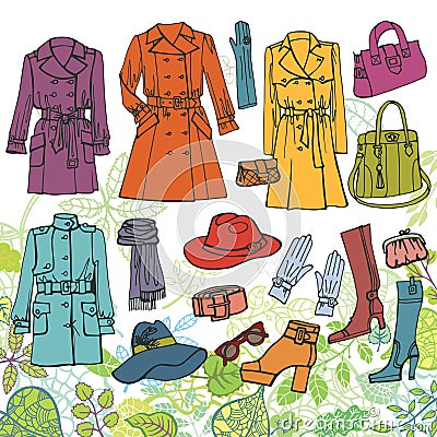 Fashion clothes set.Spring woman wear,green Vector Illustration