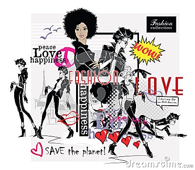 Fashion collage with freehand drawings Vector Illustration