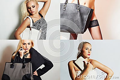 Fashion collage.Group of beautiful young women. girls with handbag Stock Photo