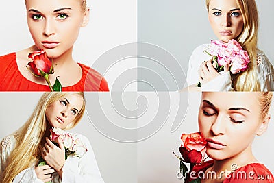 Fashion collage. Group of beautiful young women. Sensual girls with flowers.beautiful blond woman with rose.girls and roses Stock Photo