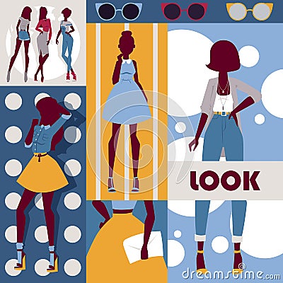 Fashion collage, vector illustration. Set of colorful stickers with beautiful models wearing stylish clothes. Wall Vector Illustration