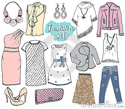 Fashion collection Doodles set. Hand Drawn Sketch with dress shoes, pants and jacket, handbag and accessories vector Illustration Vector Illustration