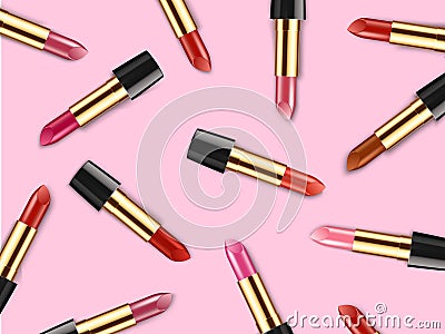 Fashion Colorful Lipstick Flat lay on pink background. Beauty collection Ads template mockup use for advertising flyer Vector Illustration