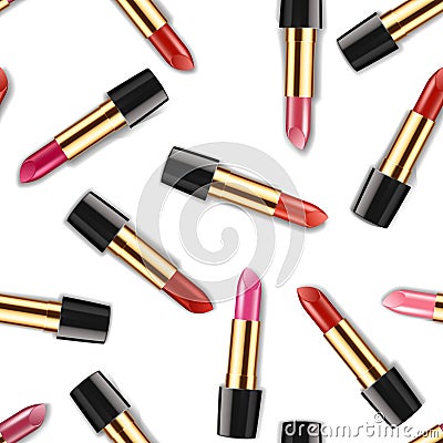 Fashion Colorful Lipstick Flat lay on white background. Seamless pattern. Beauty collection Ads template mockup use for Vector Illustration