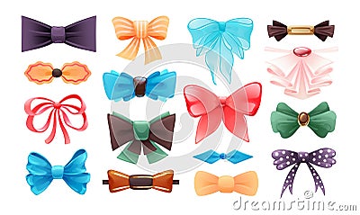 Fashion colorful tie bow accessories cartoon with tied ribbons for Christmas invitation. Color silk bow for lady and gentleman for Vector Illustration