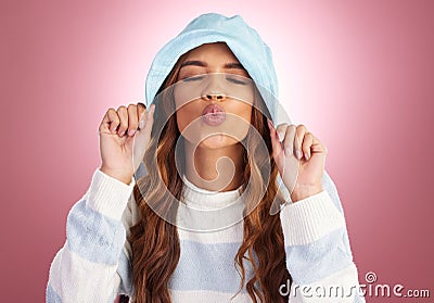 Fashion, comic face and woman in kiss pose on studio background for funny, humour and emoji reaction. Pout, facial Stock Photo