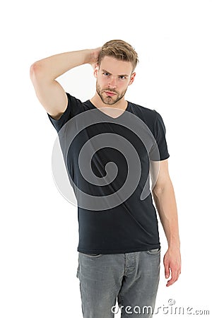 Fashion concept. unshaven muscular man. handsome macho. male fashion and beauty. barbershop. guy in black shirt. casual Stock Photo