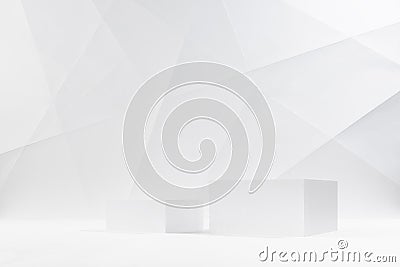 Fashion contemporary scene - two white square podiums mockup in hard light in white interior with lines, angles abstract geometric Stock Photo
