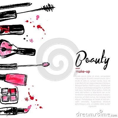 Fashion Cosmetics background with make up objects: lipstick, powder, brush. With place for your text. Glamour women Vector Illustration