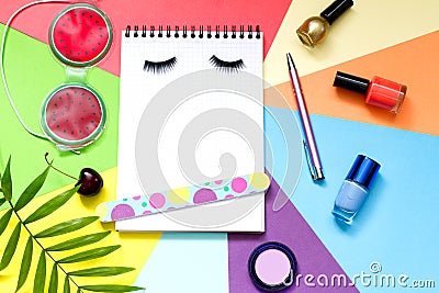 Fashion cosmetics beauty abstract lifestyle blog background with notebook and accessories Stock Photo