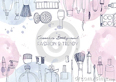 Fashion cosmetics horizontal background with make up artist objects and watercolor spots. Vector hand drawn illustration Vector Illustration