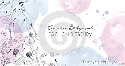 Fashion cosmetics horizontal background with make up artist objects and watercolor spots. Vector hand drawn illustration Vector Illustration