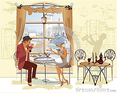 Fashion couple in the cafe. Vector Illustration