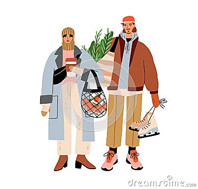 Fashion couple with shopping bags, preparing for winter holidays. Young man and woman holding Christmas purchases Vector Illustration