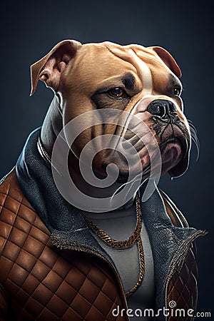 Fashion creative portrait of bulldog dog wearing casual clothes , generative AI Stock Photo