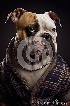 Fashion creative portrait of bulldog dog wearing casual clothes , generative AI Stock Photo