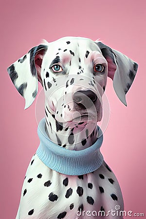 Fashion creative portrait of dalmatian dog wearing elegant clothes , pastel colors, generative AI Stock Photo