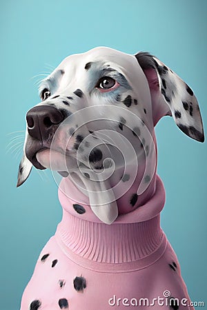 Fashion creative portrait of dalmatian dog wearing elegant clothes , pastel colors, generative AI Stock Photo