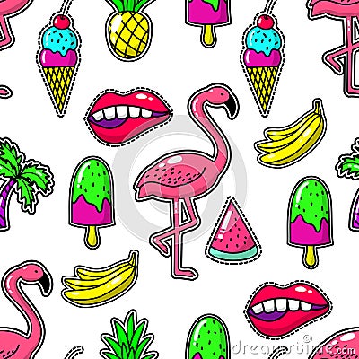 Fashion cute patch set or fabric pins for girls with ice cream and pineapple, watermelon palm tree elements Cartoon Illustration