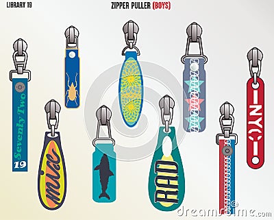 Fashion Design Latest Trend Zipper Slider and Pullers for Kid Girls and Teen Girls Vector Illustration